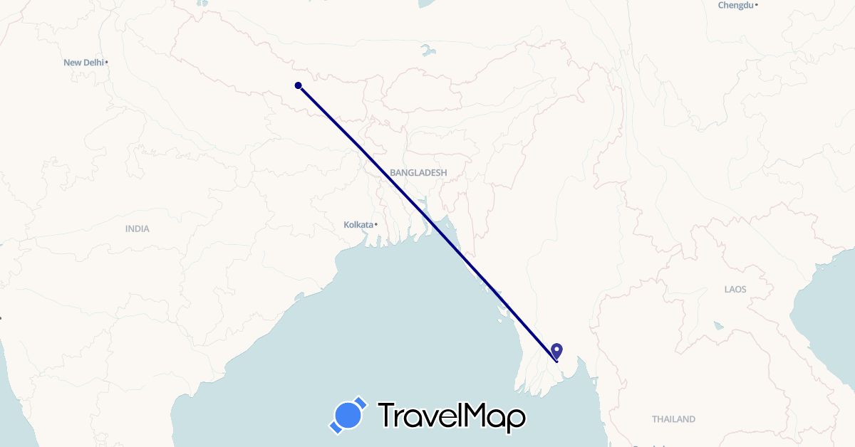 TravelMap itinerary: driving in Myanmar (Burma), Nepal (Asia)